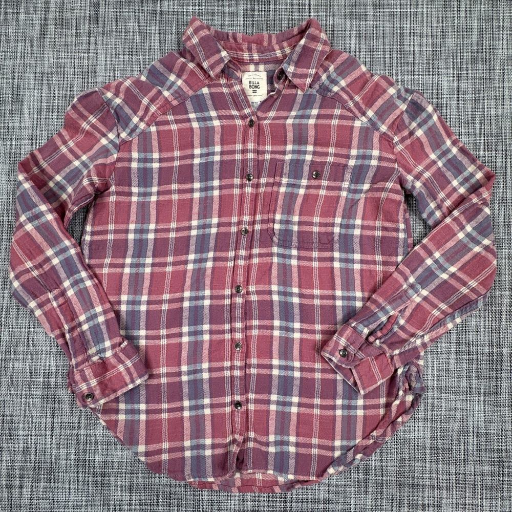 Billabong Womens Flannel Shirt Plaid Button Down Pink Purple Small Cotton Pocket
